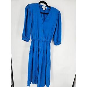 Argenti Women's Blue Long Sleeve V-neck 1/2 Button Casual Pure Silk Dress Sze 10
